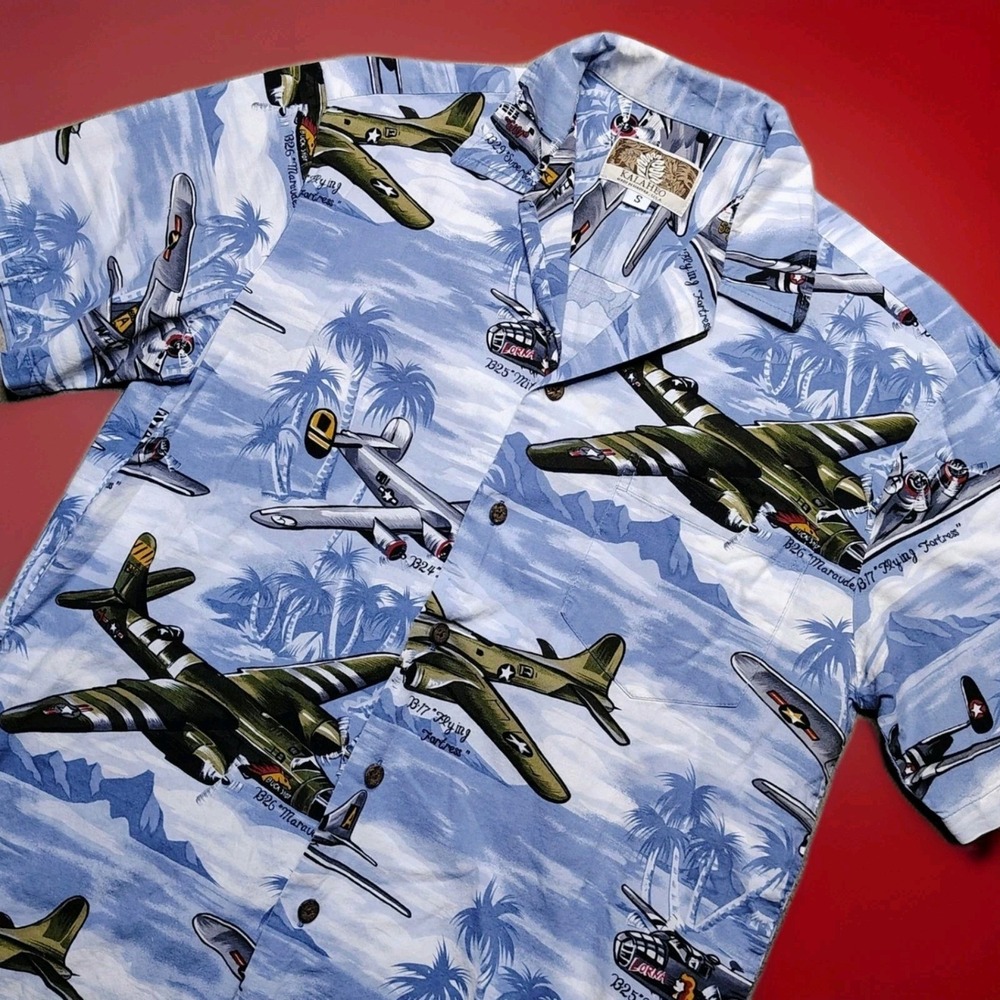 Vintage Kalaheo Hawaiian Military WW2 Bomber Plane Mens Shirt USA Hawaii Small